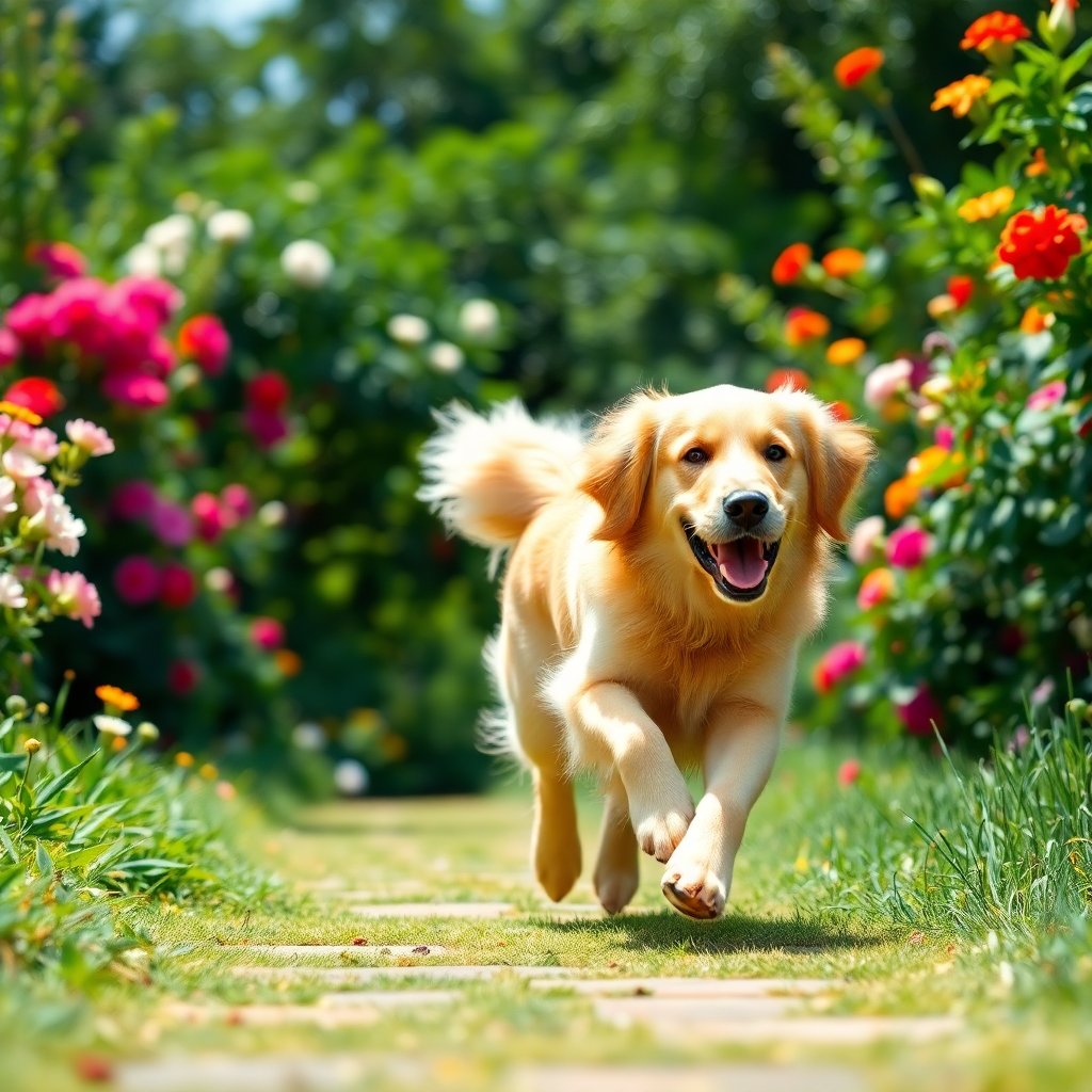Happy golden retriever running in a beautiful lush green garden with flowers, sunny day, soft natural light, professional photography, high resolution, portrait orientation, 4:5 aspect ratio.